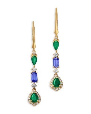 Bloomingdale's Fine Collection Emerald, Tanzanite & Diamond Linear Drop Earrings in 14K Yellow Gold