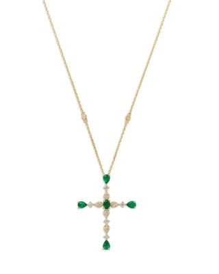 Bloomingdale's Fine Collection Emerald & Diamond Cross Pendant Necklace in 14K Yellow Gold