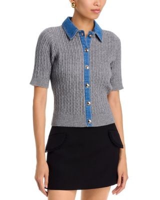 Aqua Rosie Denim Contrast Cable Knit Cardigan Sweater - Exclusive