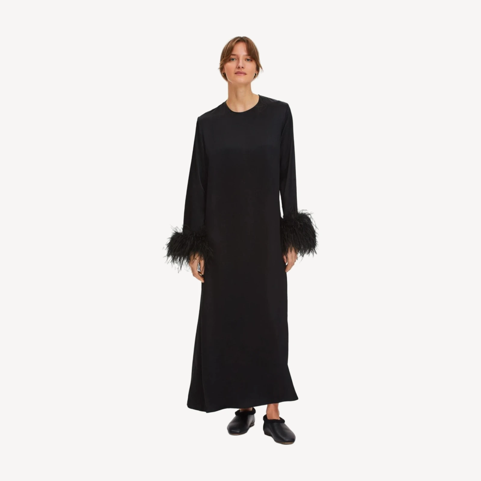 SLEEPER Suzi maxi dress with detachable feather boa
