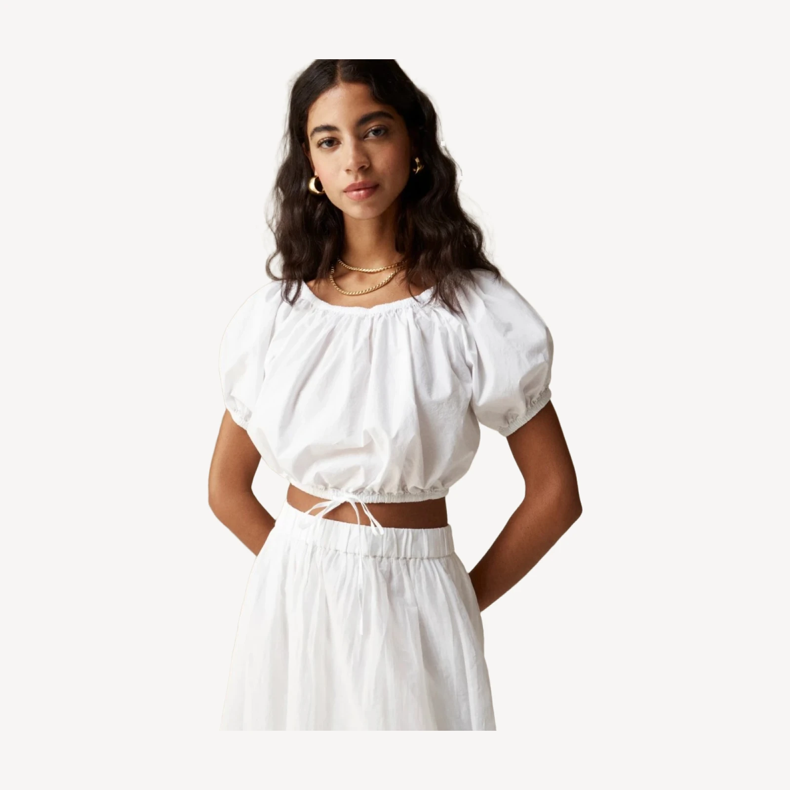 Cinched-waist cropped top in cotton poplin