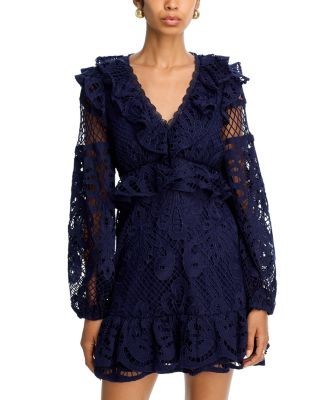 Aqua Lace V Neck Long Sleeve Ruffle Mini Dress - Exclusive