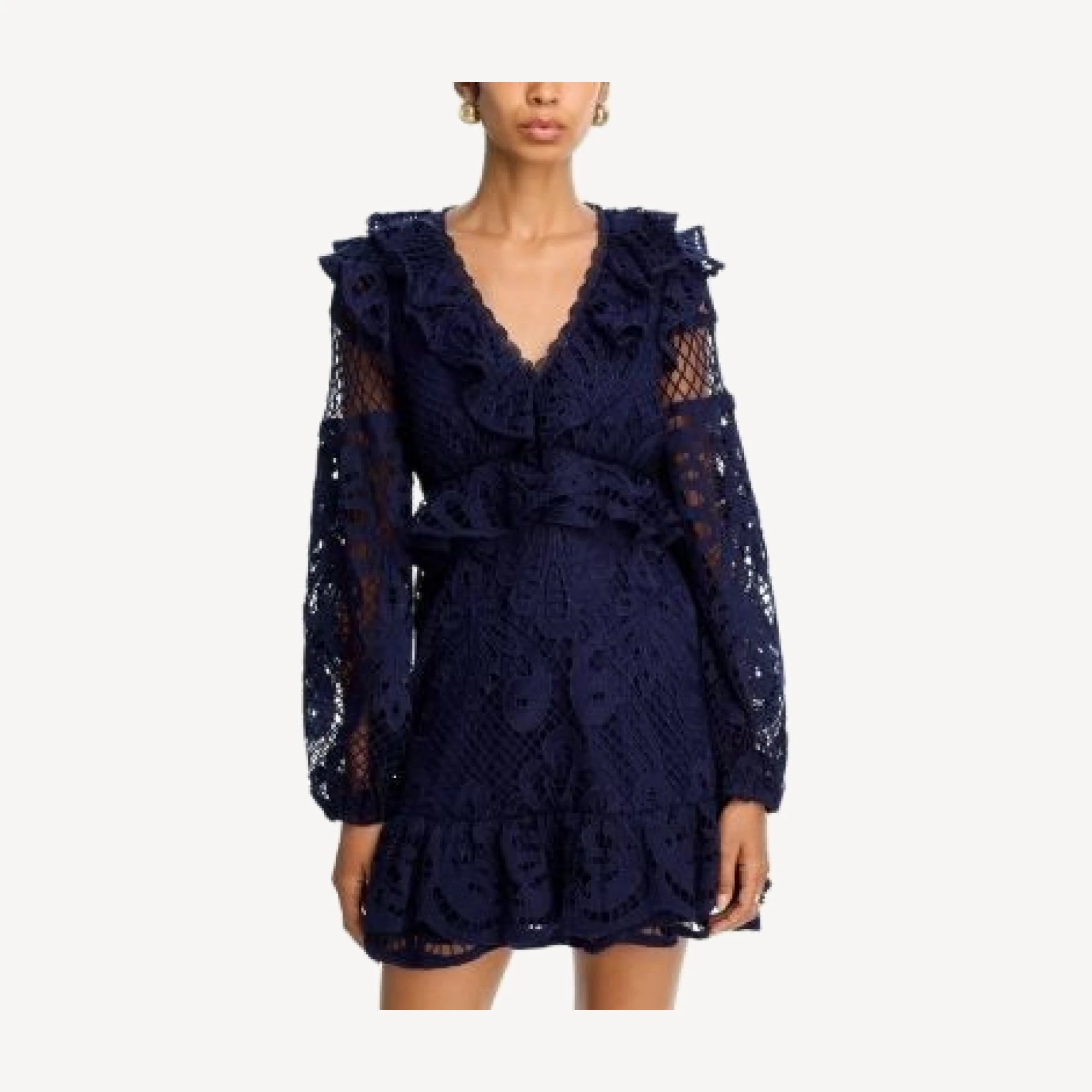 Aqua Lace V Neck Long Sleeve Ruffle Mini Dress - Exclusive