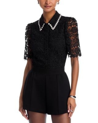 Aqua Embellished Collar Lace Top - Exclusive