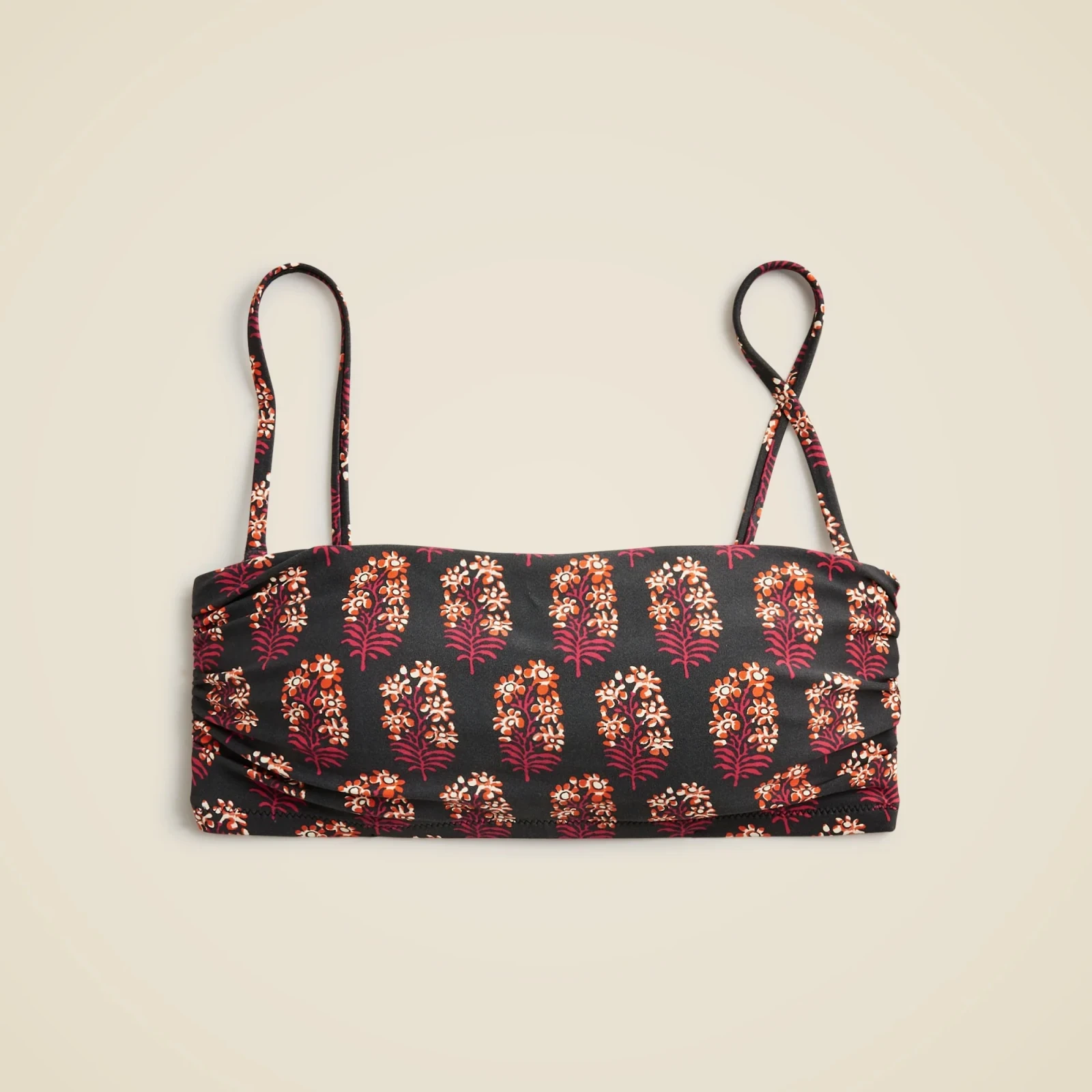 Ruched bandeau bikini top in cocoa blockprint
