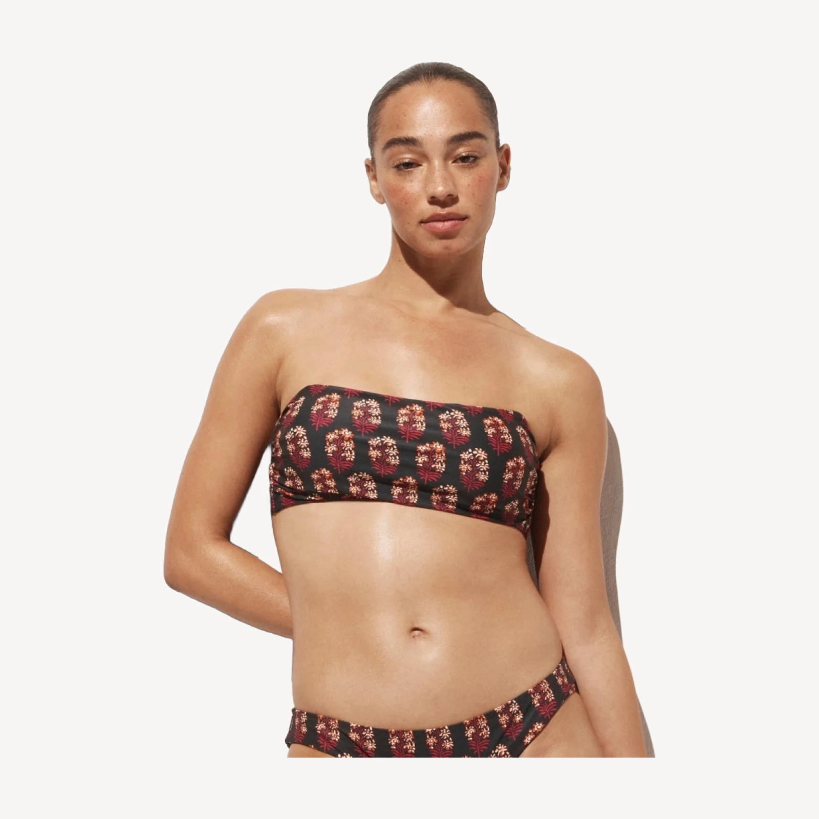 Ruched bandeau bikini top in cocoa blockprint