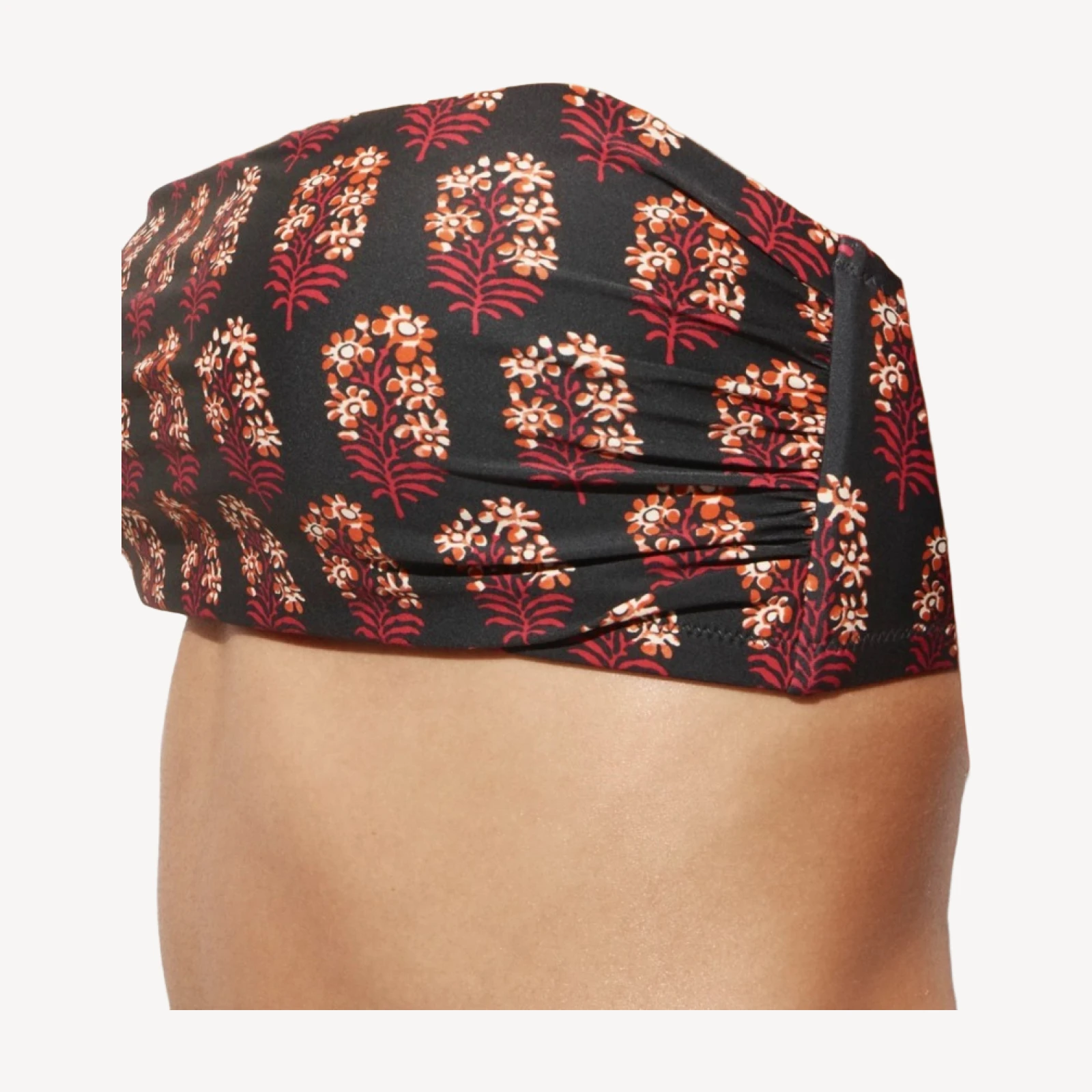 Ruched bandeau bikini top in cocoa blockprint