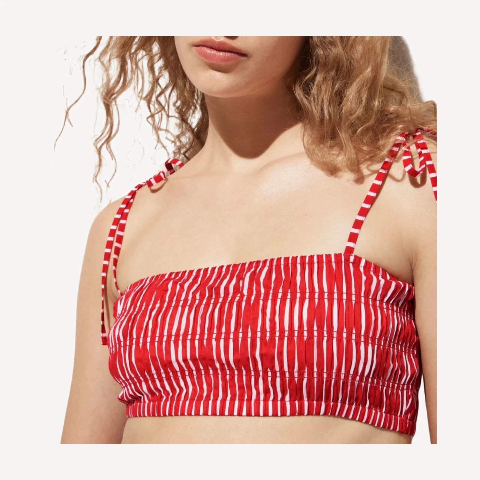 Smocked tie-shoulder top in striped cotton voile