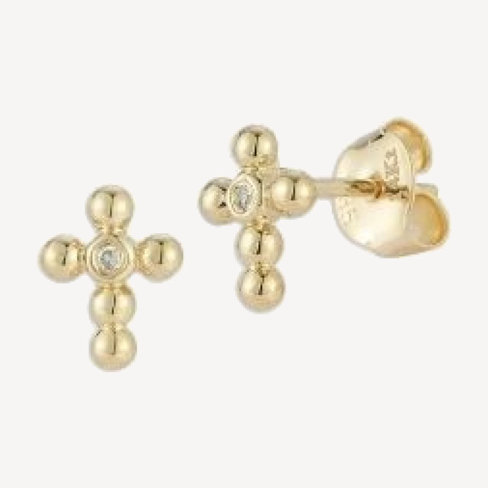 Bloomingdale's Fine Collection 14K Yellow Gold Beaded Cross Studs with Diamonds, 0.02 tcw