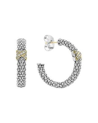 Lagos Sterling Silver & 18K Yellow Gold Embrace Diamond Hoop Earrings