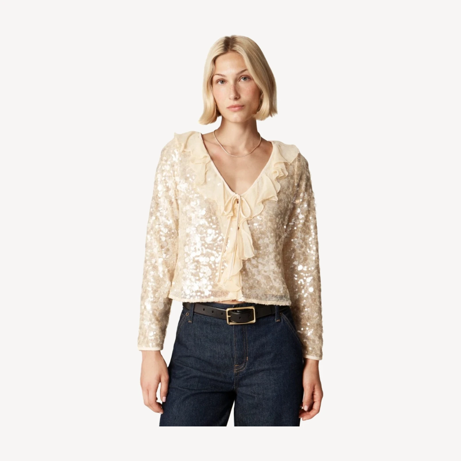 Sequin ruffle-trim shirt with ties