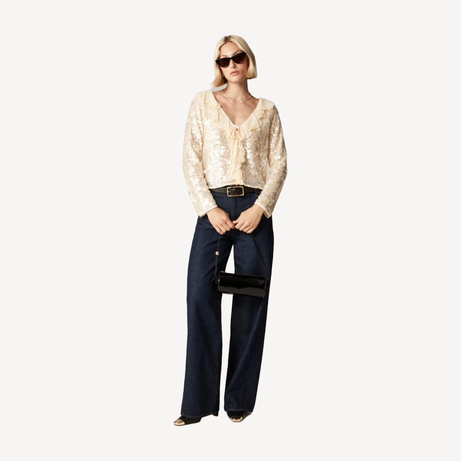 Sequin ruffle-trim shirt with ties