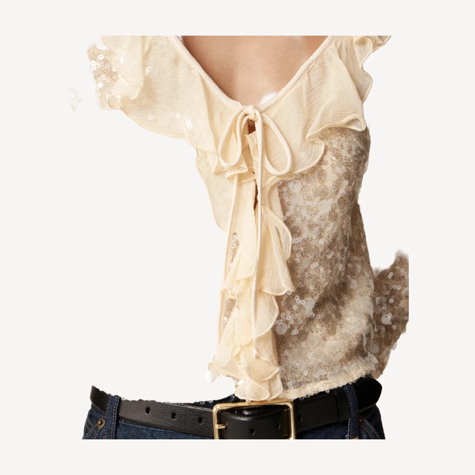 Sequin ruffle-trim shirt with ties