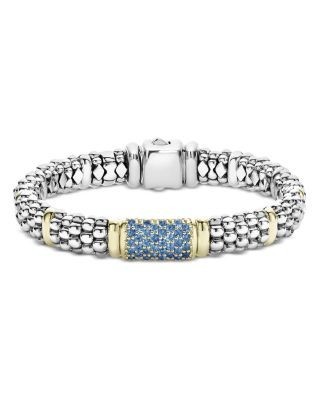 Lagos 18K Yellow Gold & Sterling Silver Signature Caviar Blue Sapphire Pave Link Bracelet