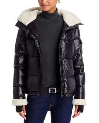 Aqua Sherpa Trim Hooded Gloss Puffer Coat - Exclusive