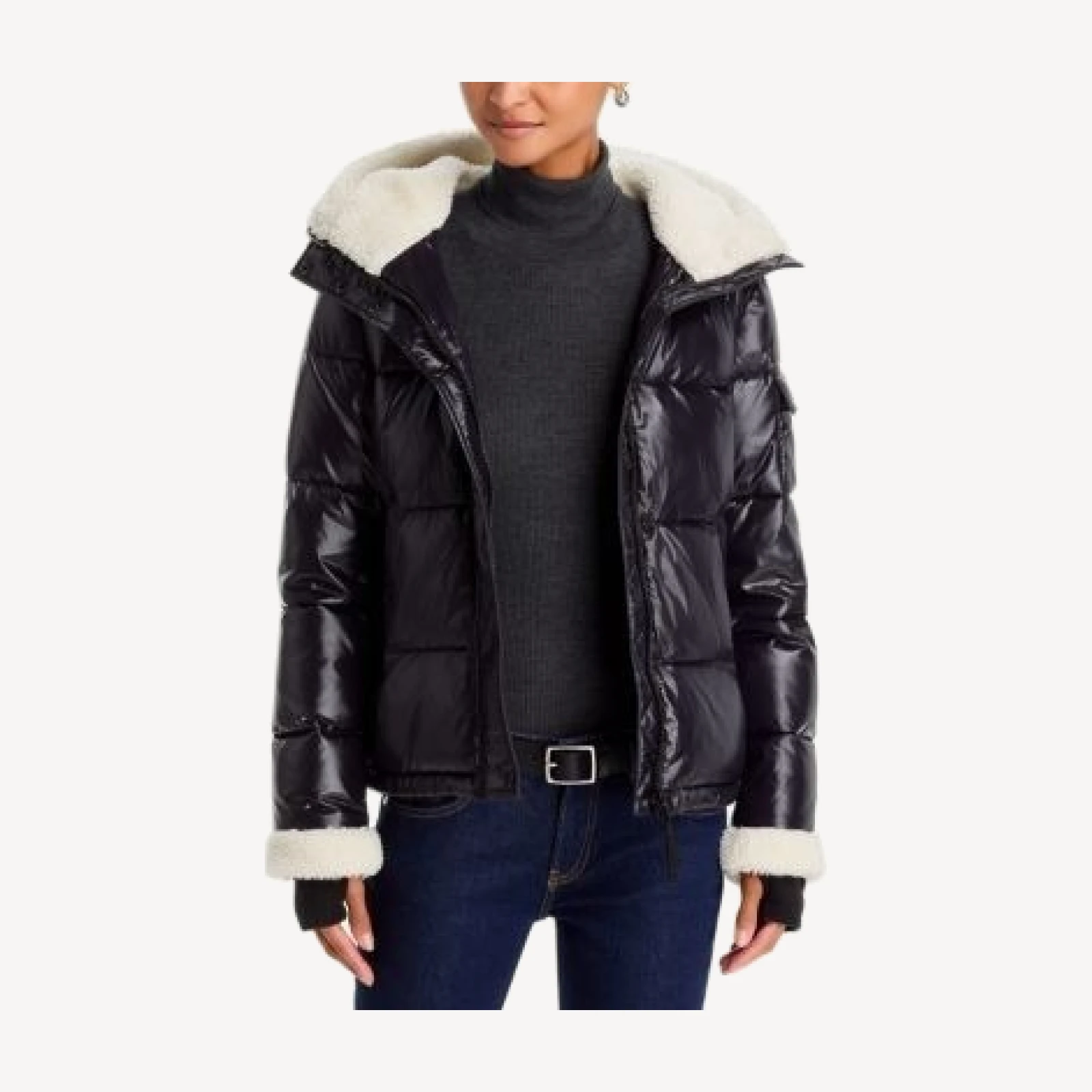 Aqua Sherpa Trim Hooded Gloss Puffer Coat - Exclusive
