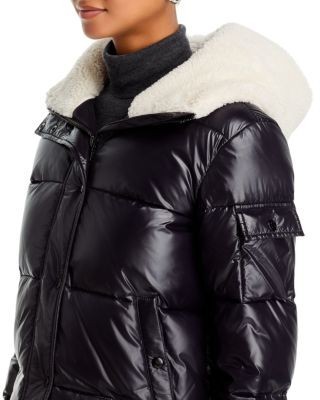 Aqua Sherpa Trim Hooded Gloss Puffer Coat - Exclusive