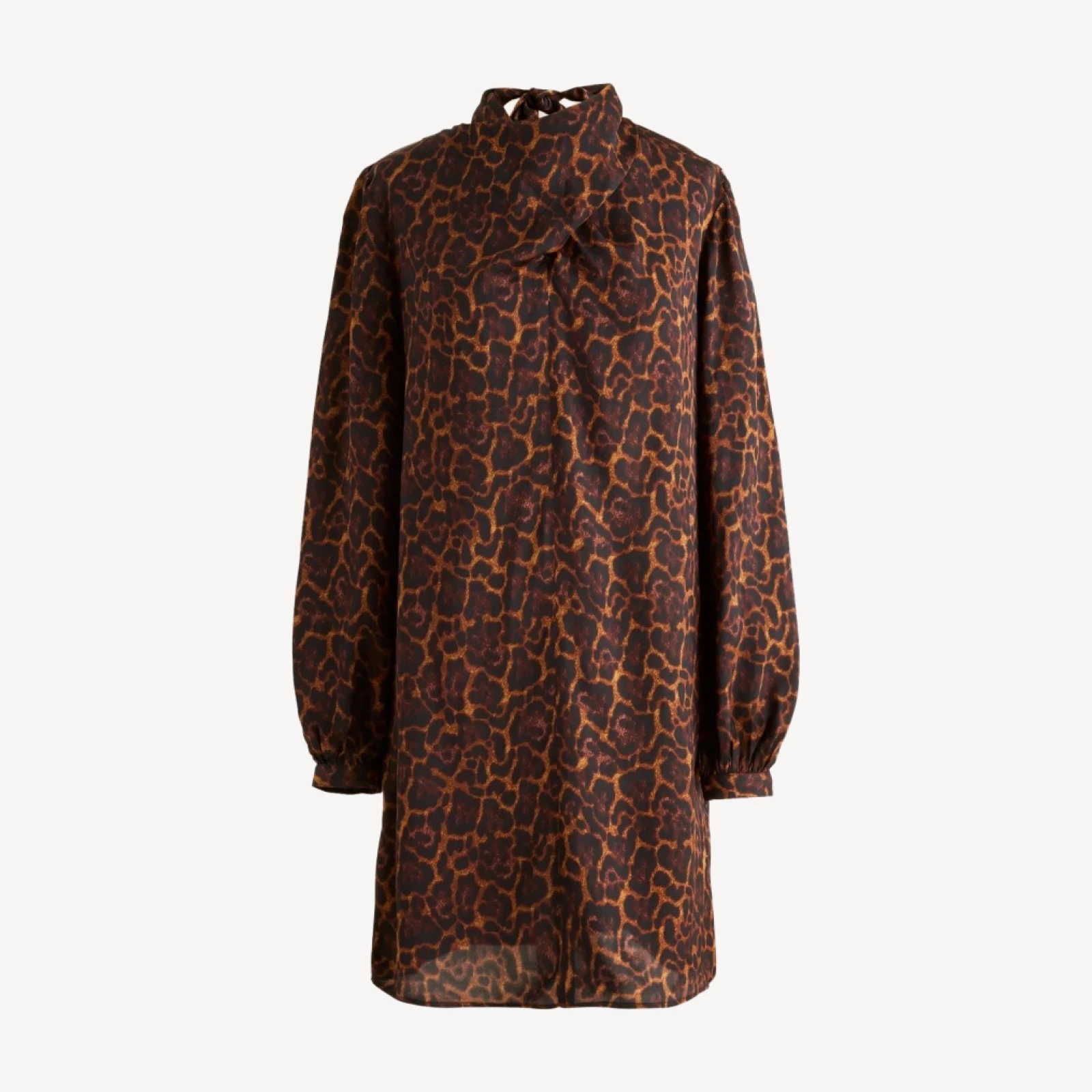 Scarf-neck shift dress in leopard print