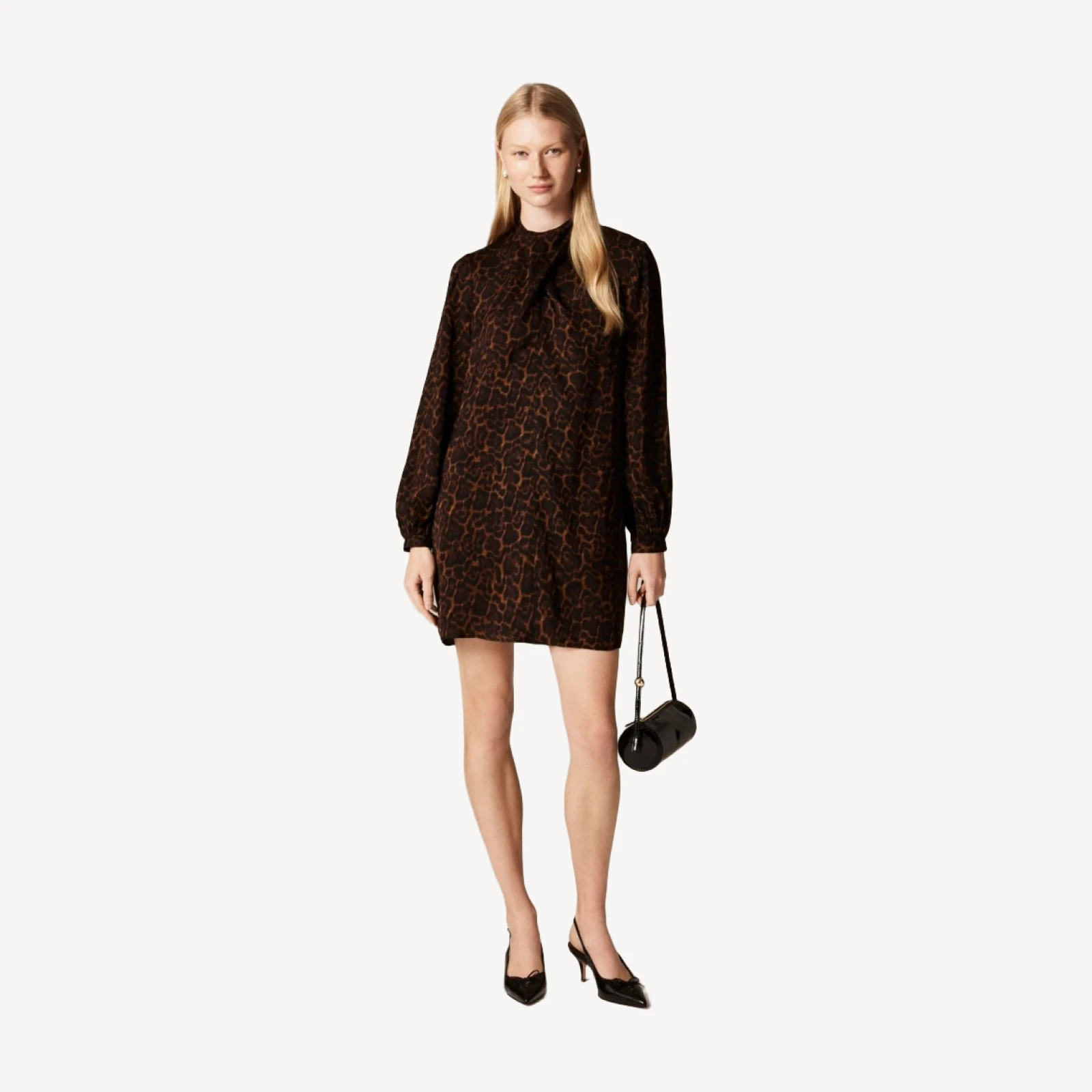 Scarf-neck shift dress in leopard print