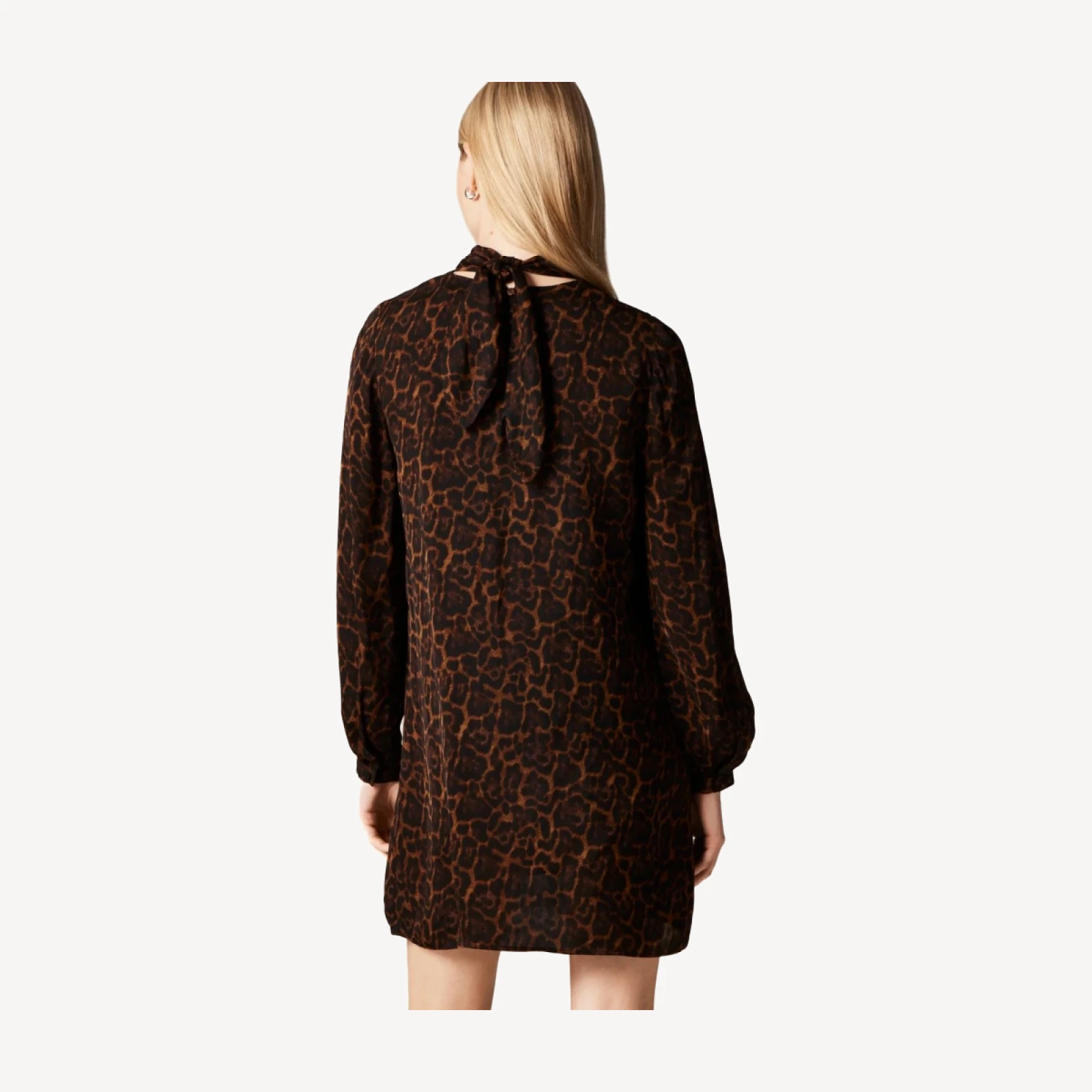 Scarf-neck shift dress in leopard print