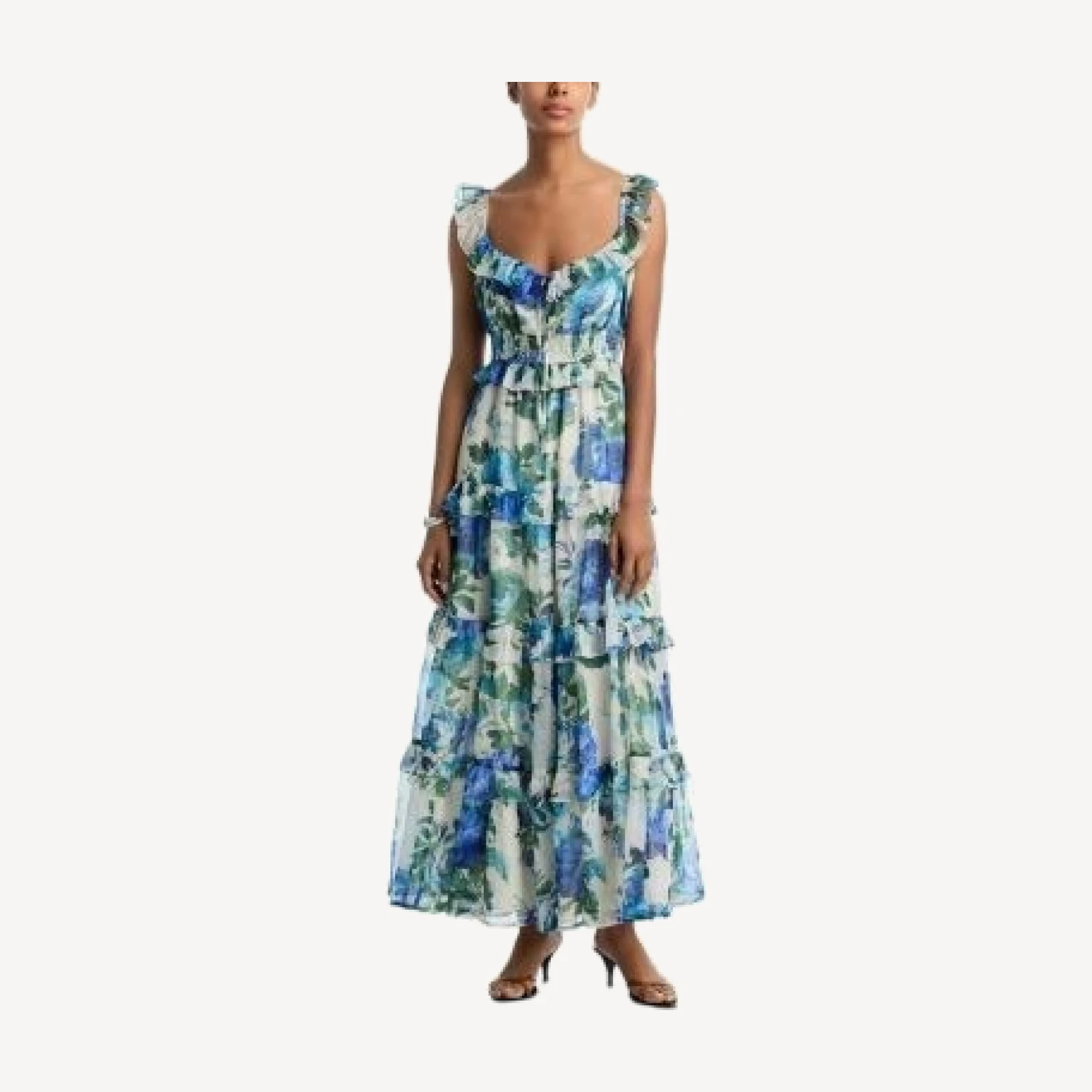 Aqua Floral Leaf Ruffle Smocked Maxi Dress - Exclusive