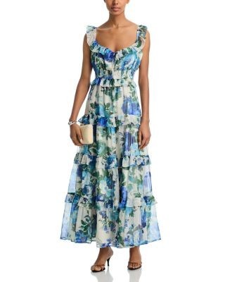 Aqua Floral Leaf Ruffle Smocked Maxi Dress - Exclusive