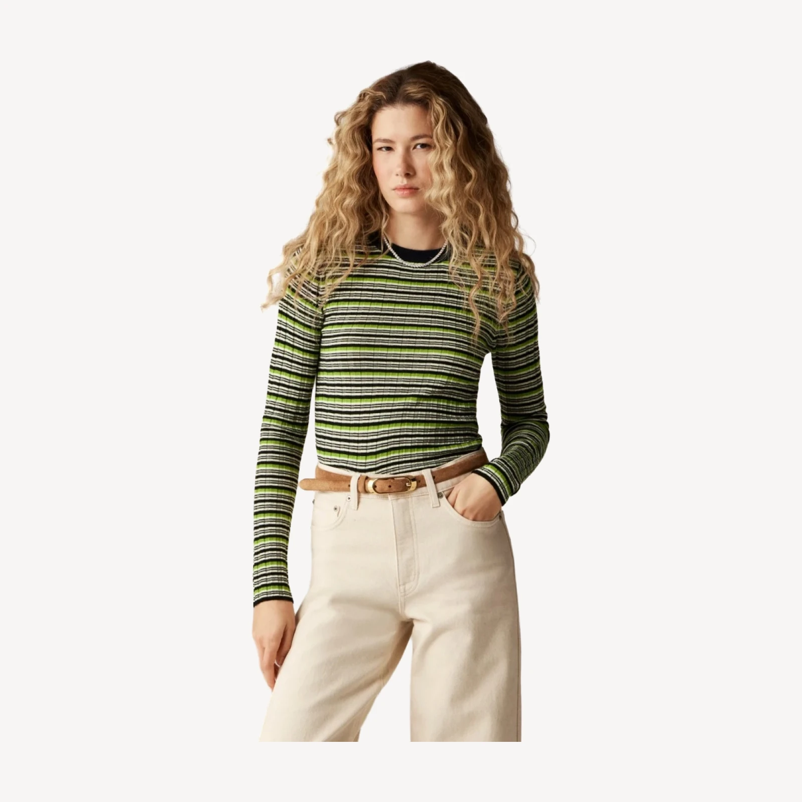 Wide-rib Carolyn crewneck sweater in striped merino wool