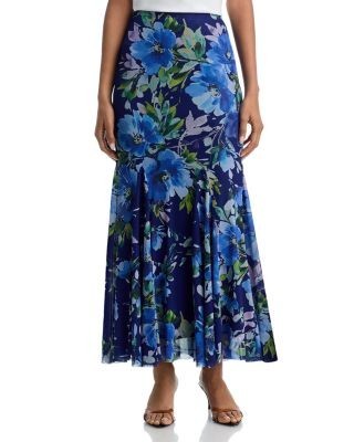 Aqua Floral Print Fishtail Mesh Maxi Skirt - Exclusive