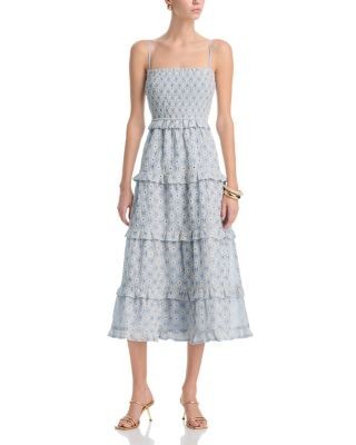 Aqua Embroidered Smocked Tier Midi Dress - Exclusive