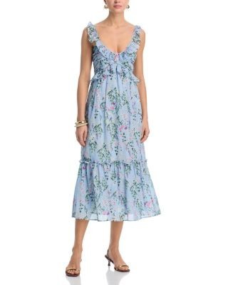 Aqua Flower Bouquet Ruffle V Neck Midi Dress - Exclusive