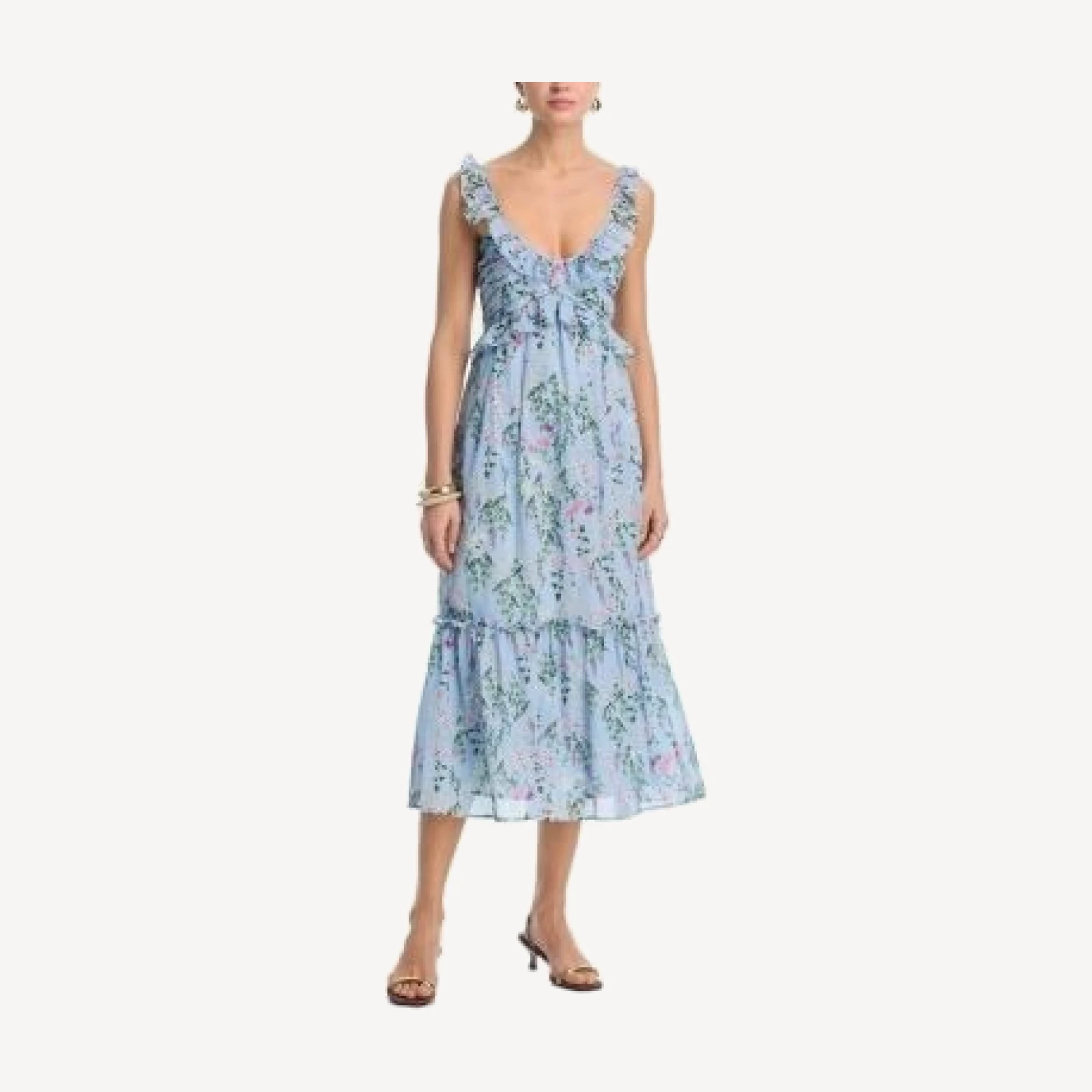 Aqua Flower Bouquet Ruffle V Neck Midi Dress - Exclusive