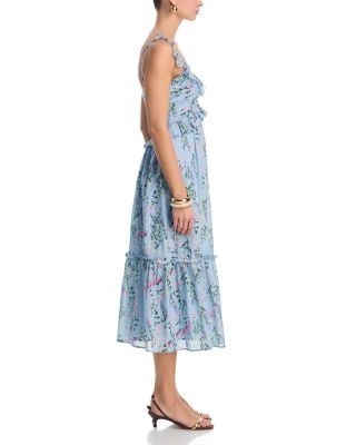 Aqua Flower Bouquet Ruffle V Neck Midi Dress - Exclusive