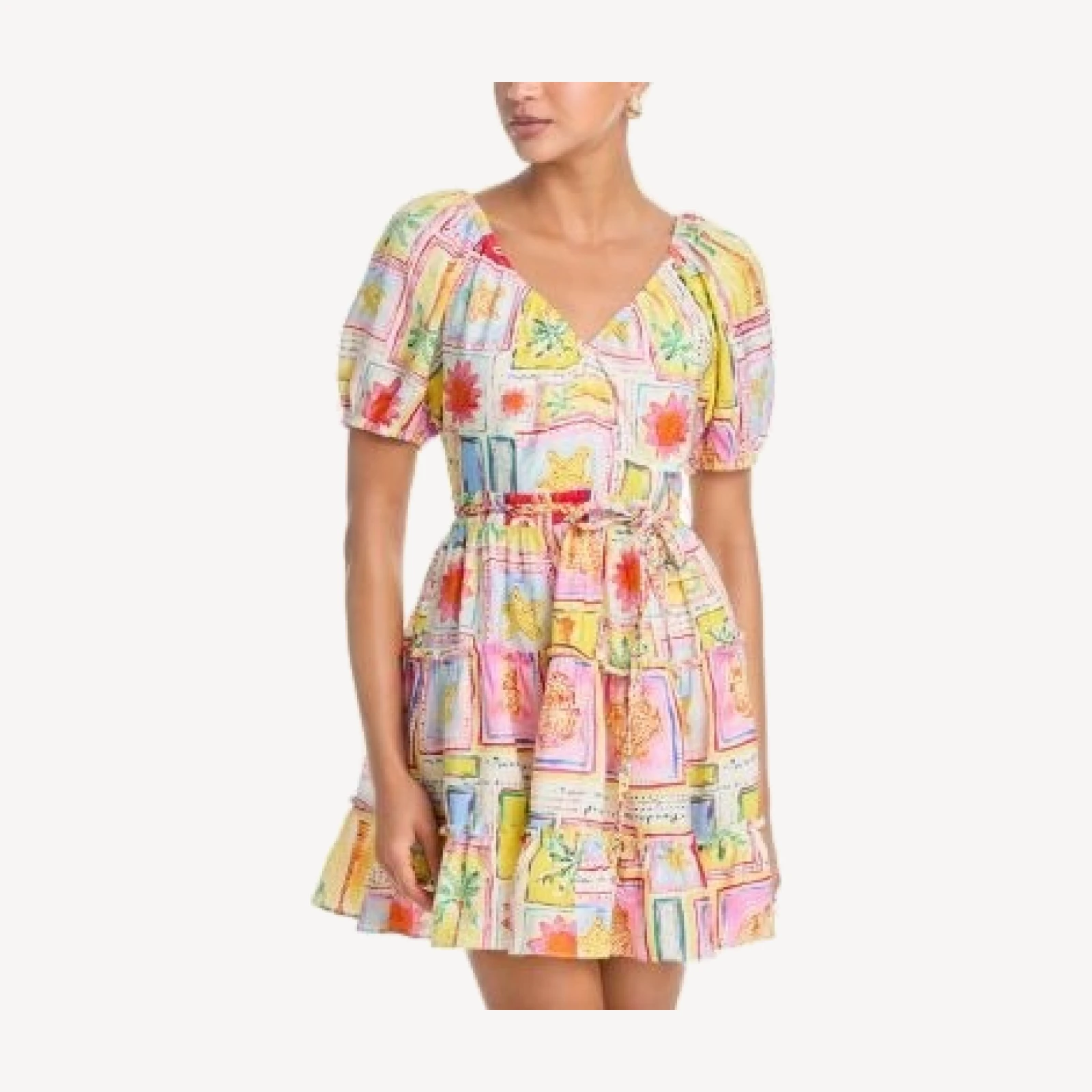 Aqua Tile Puff Sleeve V Neck Dress - Exclusive