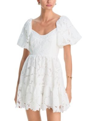 Aqua Embroidered Eyelet Puff Sleeve Mini Dress - Exclusive
