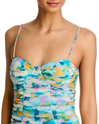 Aqua Floral Mesh Ruched Mini Dress - Exclusive