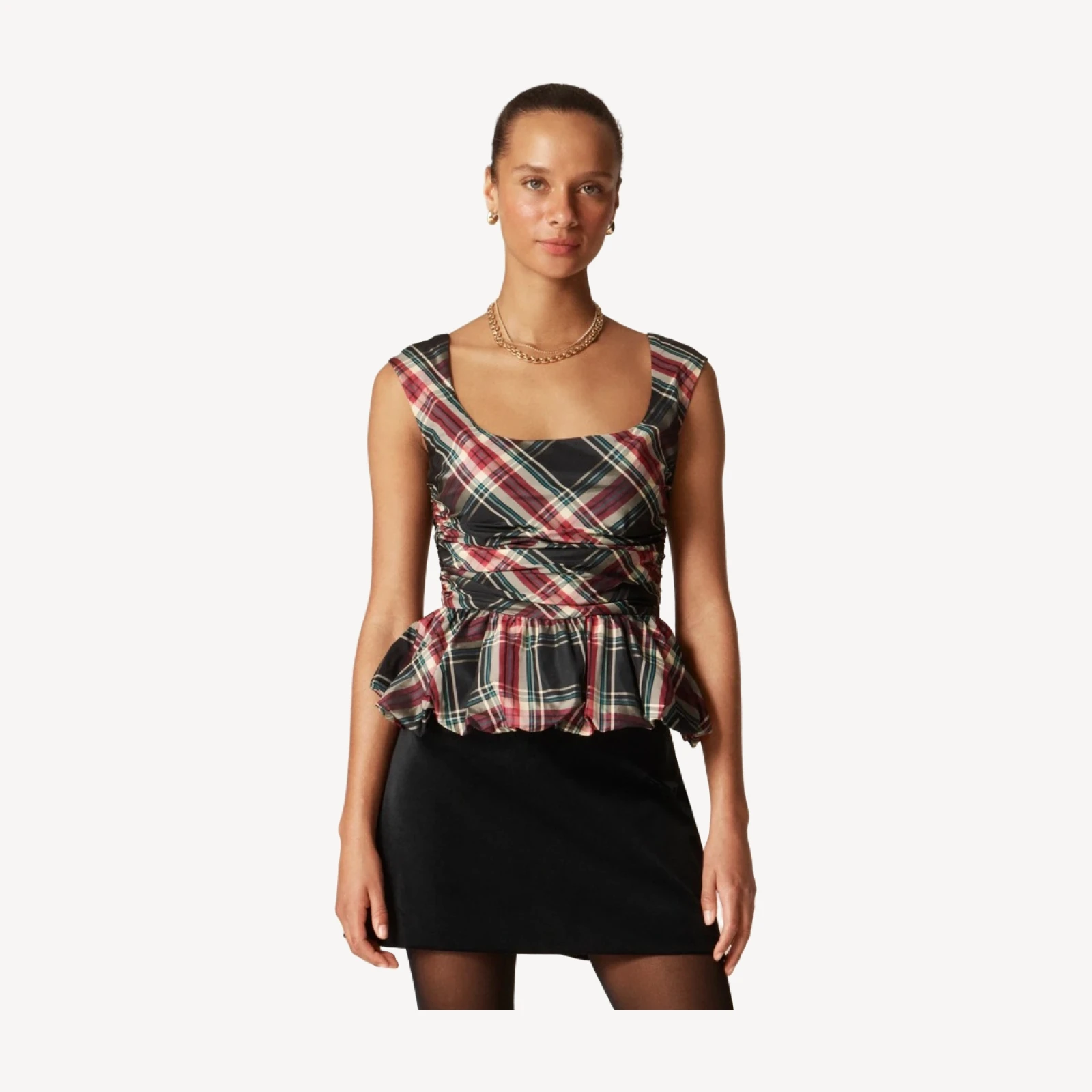 Scoopneck bubble-hem tank top in tartan