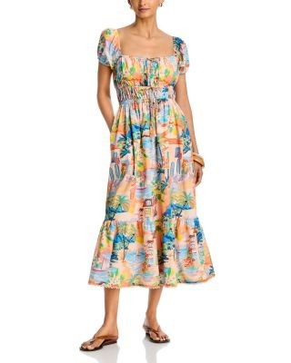 Aqua Villa Print Puff Sleeve Midi Dress - Exclusive