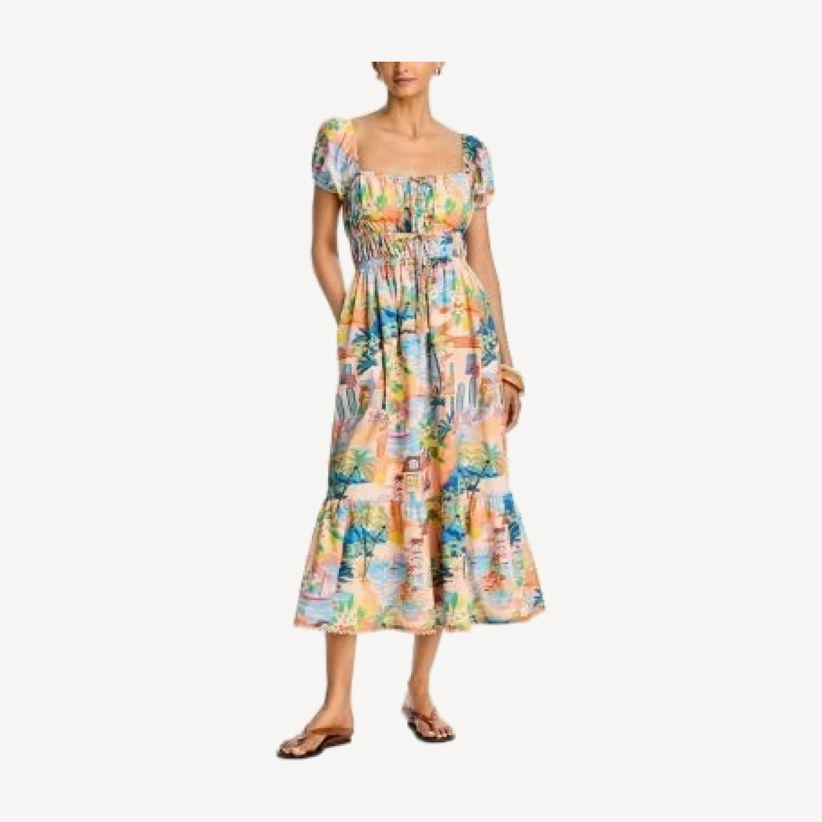 Aqua Villa Print Puff Sleeve Midi Dress - Exclusive