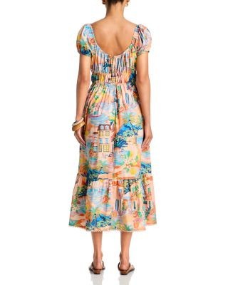 Aqua Villa Print Puff Sleeve Midi Dress - Exclusive