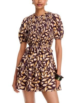 Aqua Leaf Print Puff Sleeve Smocked Mini Dress - Exclusive