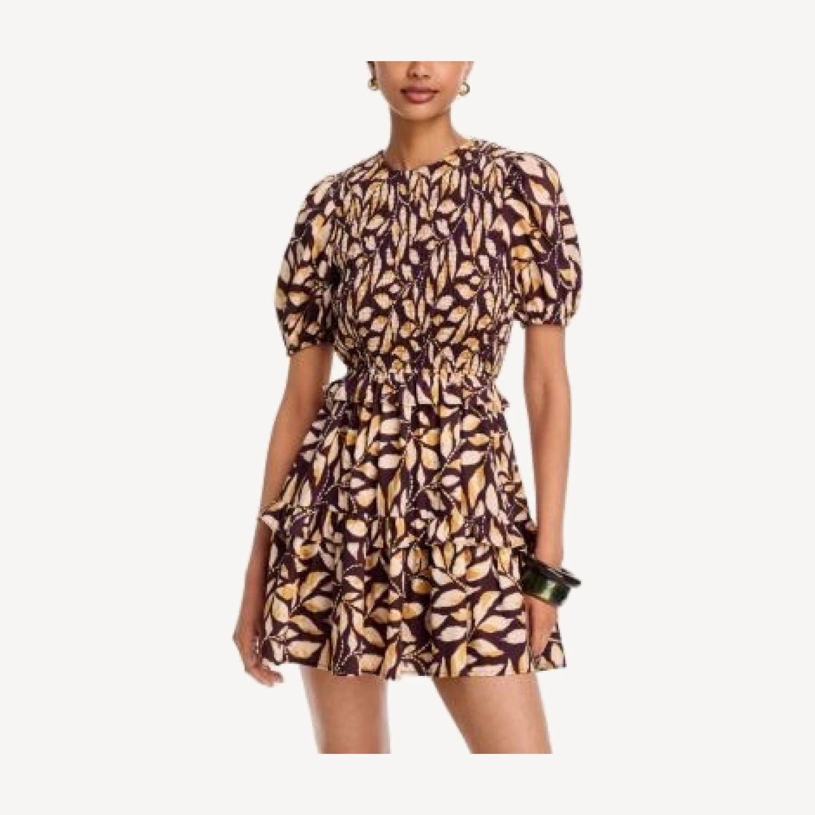 Aqua Leaf Print Puff Sleeve Smocked Mini Dress - Exclusive