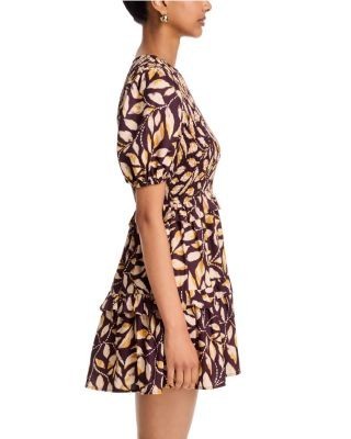 Aqua Leaf Print Puff Sleeve Smocked Mini Dress - Exclusive