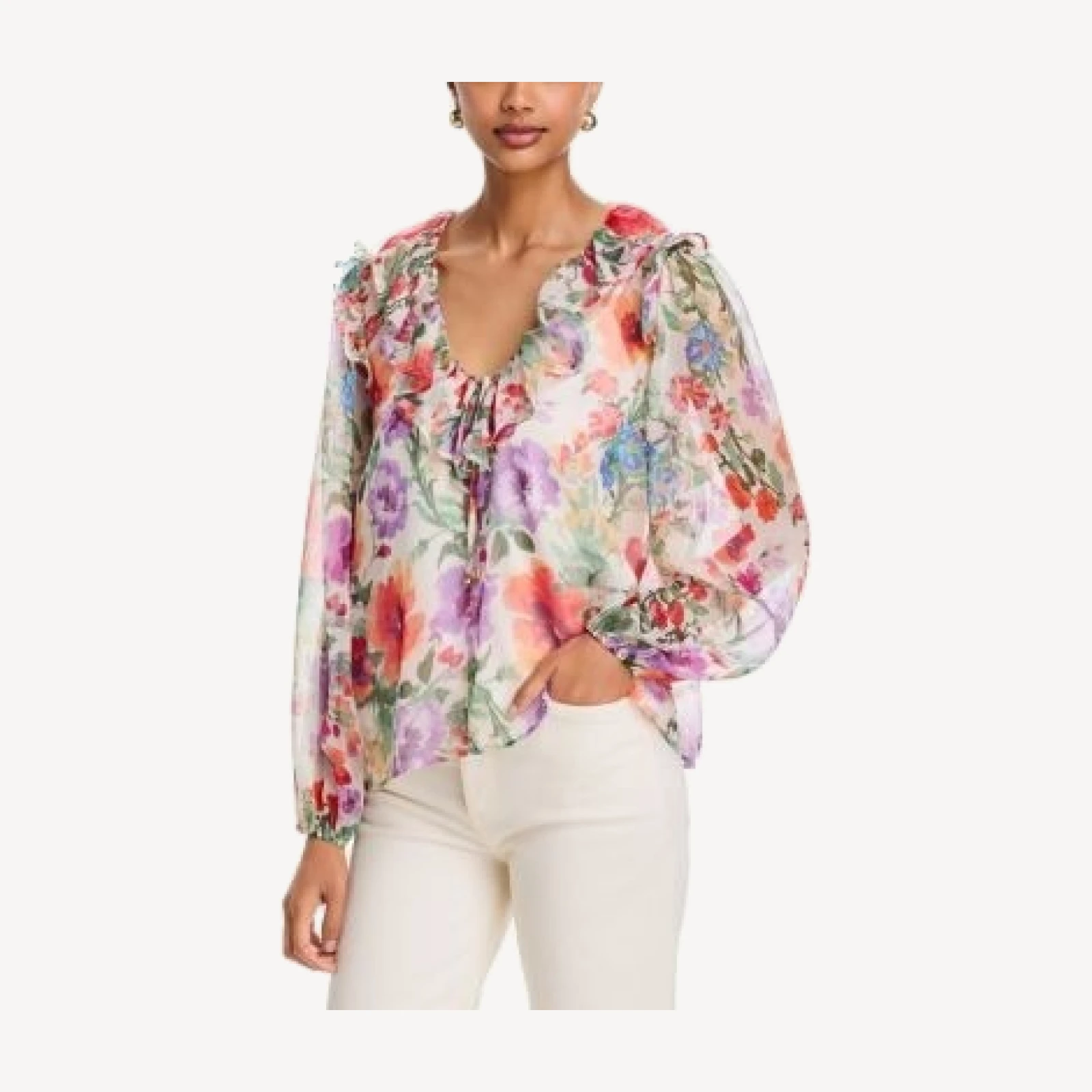 Aqua Floral Print Ruffle Neck Blouse - Exclusive