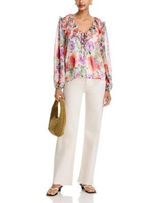 Aqua Floral Print Ruffle Neck Blouse - Exclusive
