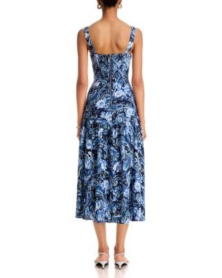 Aqua Paisley Print V Neck Drop Waist Midi Dress - Exclusive