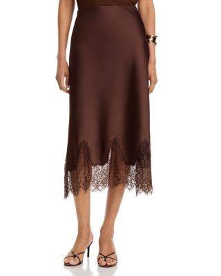Aqua Satin Lace Trim Midi Skirt - Exclusive