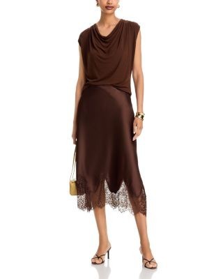 Aqua Satin Lace Trim Midi Skirt - Exclusive