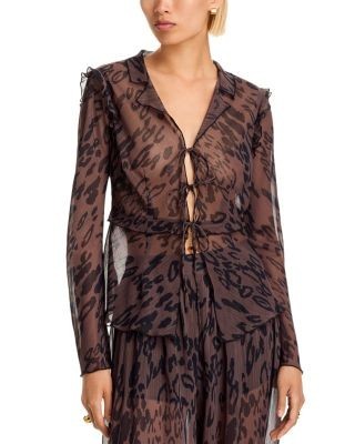 Aqua Animal Ruffle Tie Long Sleeve Top - Exclusive