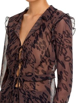 Aqua Animal Ruffle Tie Long Sleeve Top - Exclusive