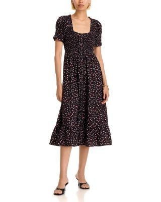 Aqua Ditsy Floral Smocked Short Sleeve Midi Dress - Exclusive